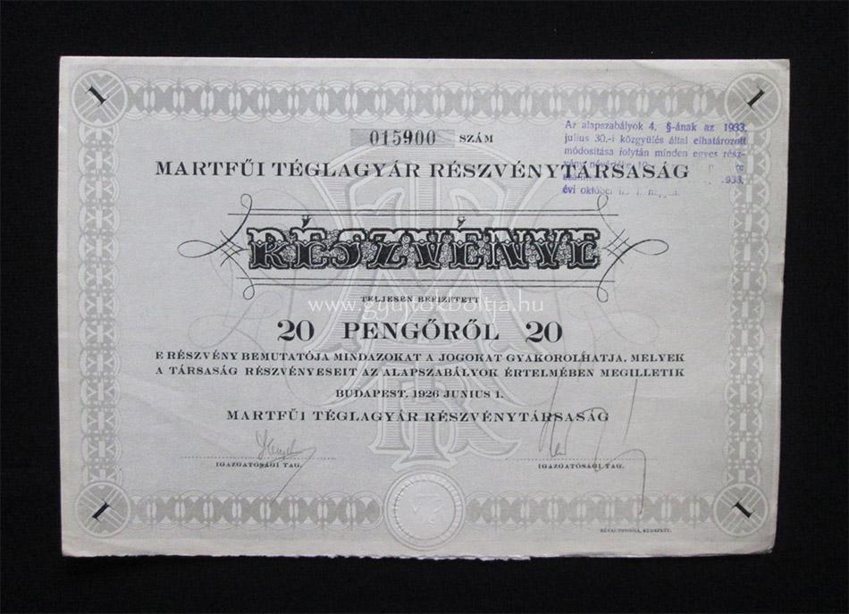 Martfûi Téglagyár Rt. részvény 20 pengõ 1926